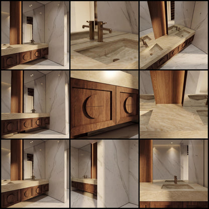 Travertine Floating Vanity, Handcrafted Walnut Cabinet, Organic Modern Stone Double Sink