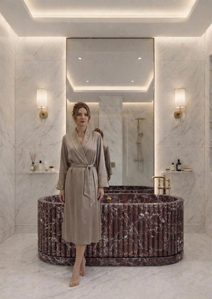 Rosso Levanto fluted burgundy marble freestanding bathtub – view 2