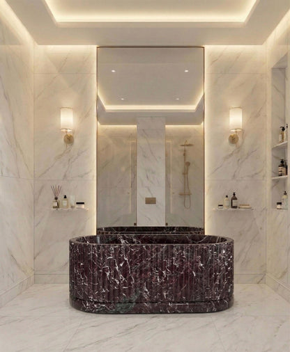 Rosso Levanto fluted burgundy marble freestanding bathtub – view 5