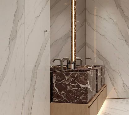 Freestanding Double Sink Vanity, Rosso Levanto Marble Basins, Oak Bathroom Cabinet, Modern Bath Design