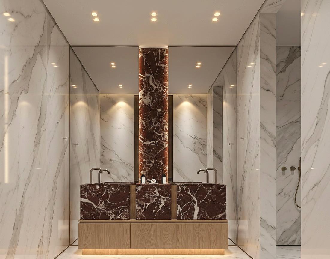 Freestanding Double Sink Vanity, Rosso Levanto Marble Basins, Oak Bathroom Cabinet, Modern Bath Design