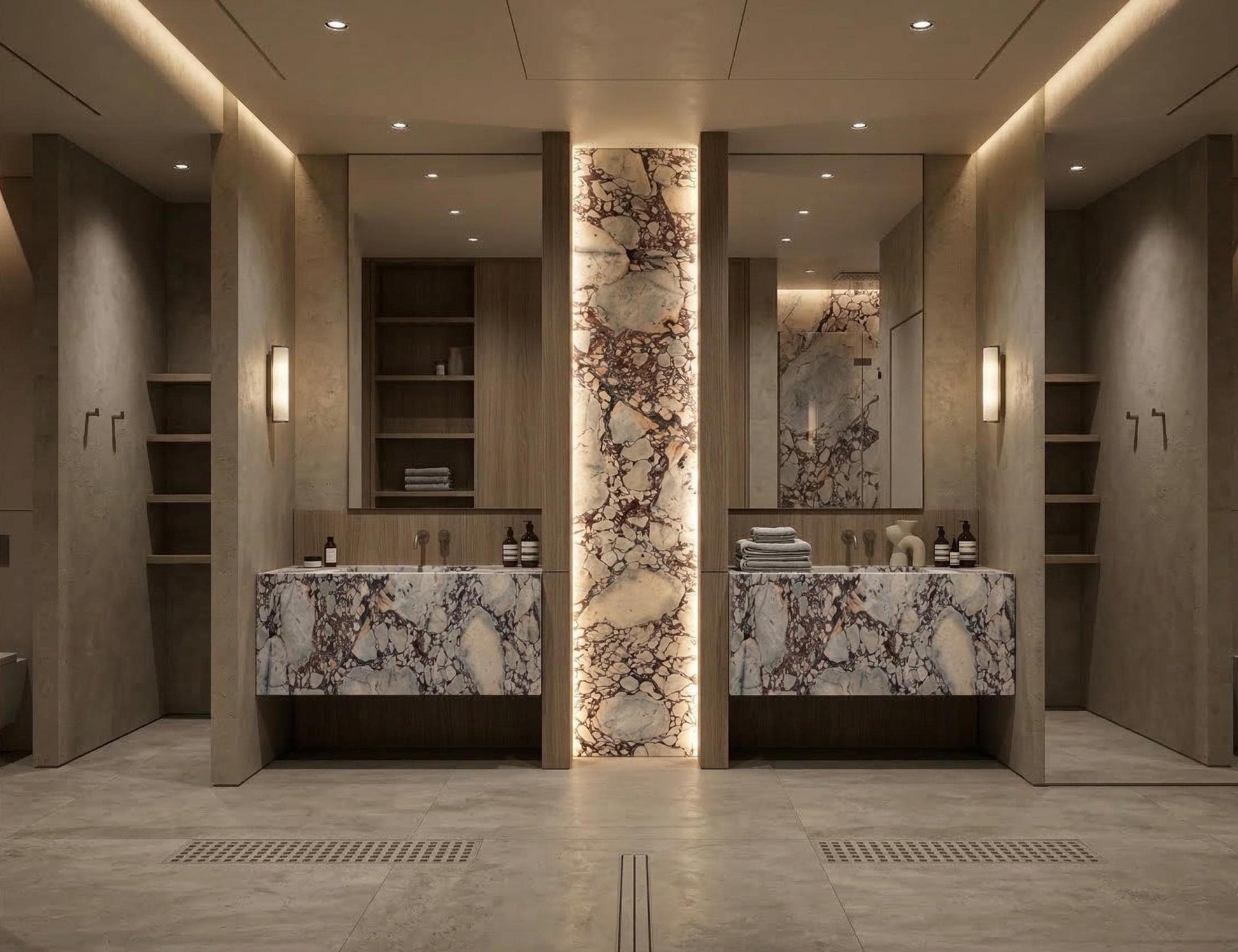Calacatta Viola Double Vanity, Marble Backlit Stone Panel, Hotel Style Sinks