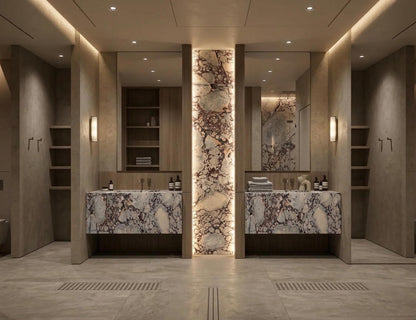 Calacatta Viola Double Vanity, Marble Backlit Stone Panel, Hotel Style Sinks