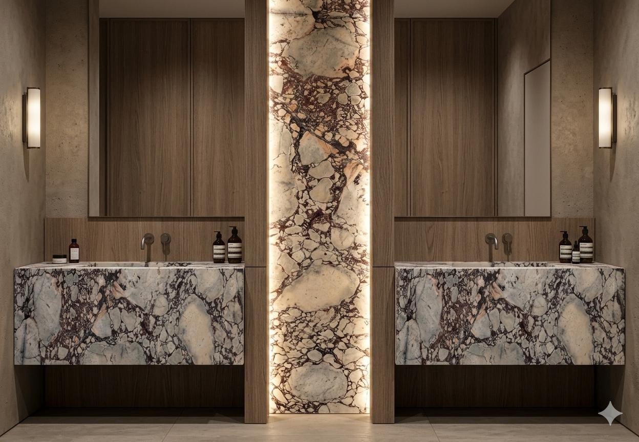 Calacatta Viola Double Vanity, Marble Backlit Stone Panel, Hotel Style Sinks