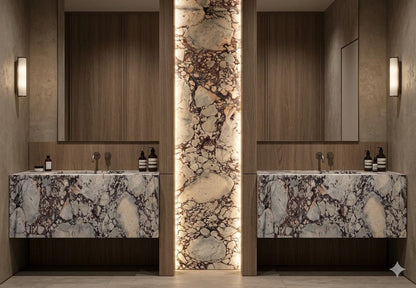 Calacatta Viola Double Vanity, Marble Backlit Stone Panel, Hotel Style Sinks