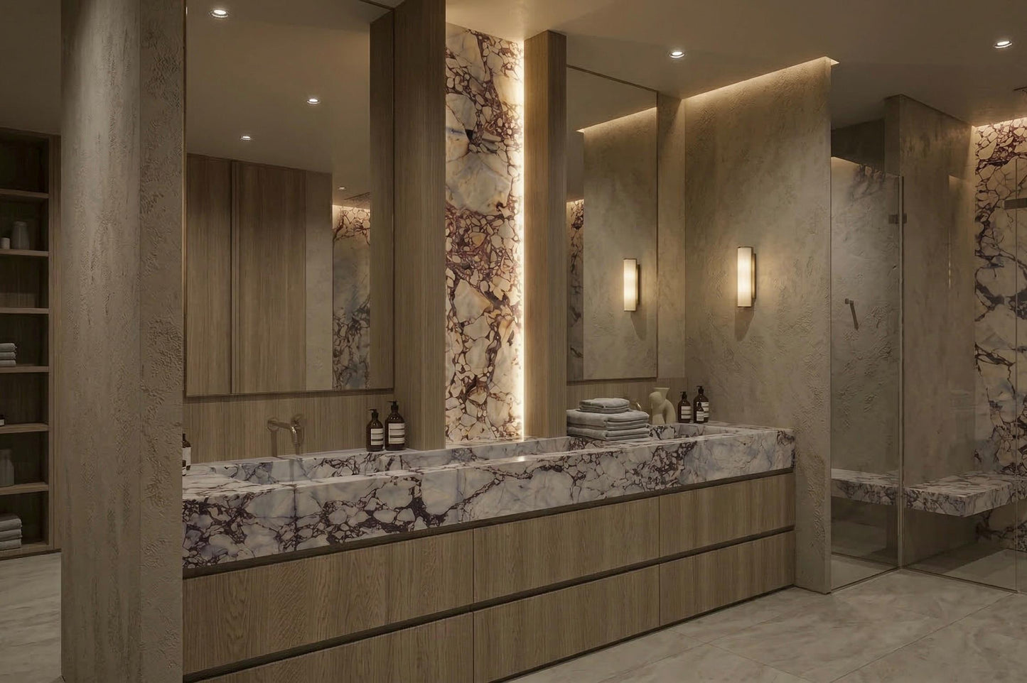 Calacatta Marble Double Vanity, Custom Oak Millwork Freestanding Bathroom Cabinet