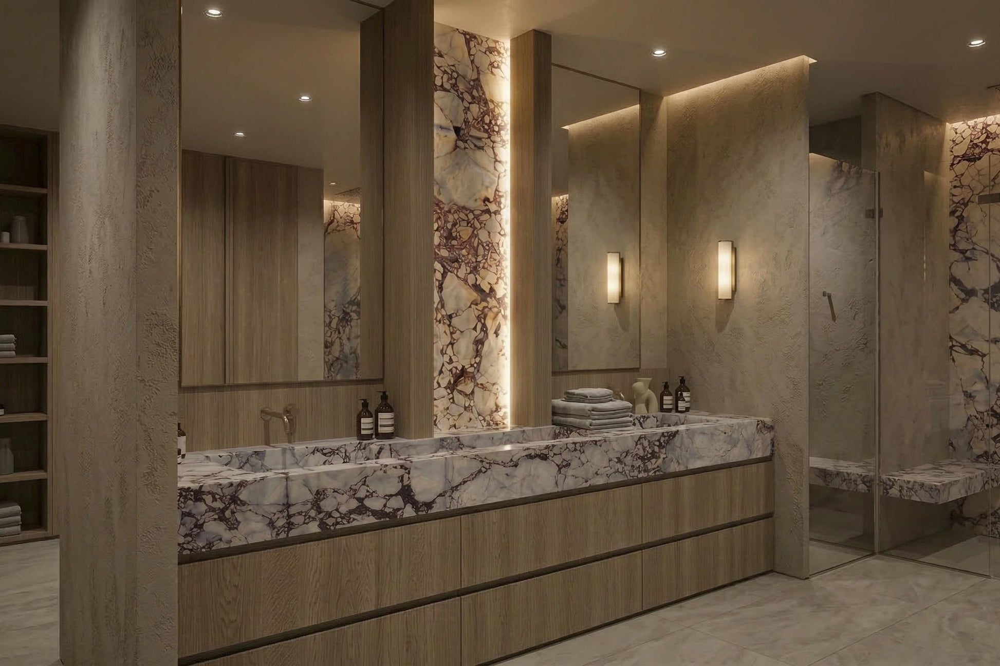 Calacatta Marble Double Vanity, Custom Oak Millwork Freestanding Bathroom Cabinet