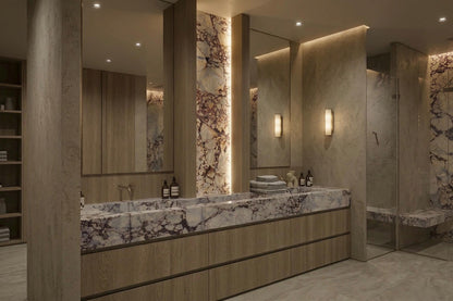 Calacatta Marble Double Vanity, Custom Oak Millwork Freestanding Bathroom Cabinet