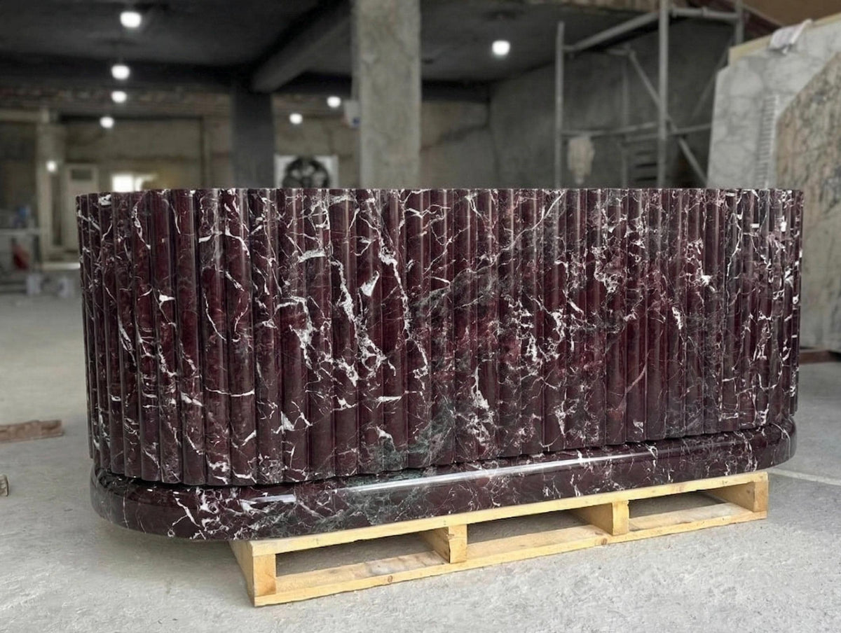 Rosso Levanto fluted burgundy marble freestanding bathtub – view 3