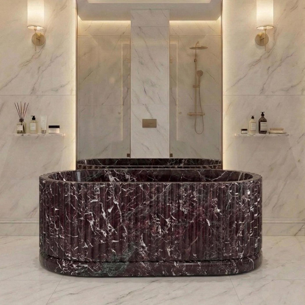 Rosso Levanto fluted burgundy marble freestanding bathtub