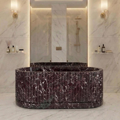 Rosso Levanto fluted burgundy marble freestanding bathtub