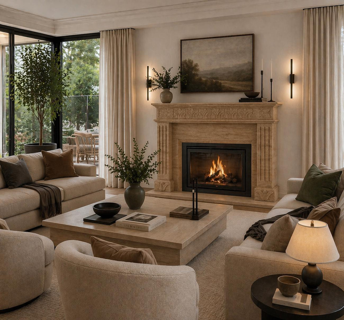 Honed travertine fireplace mantel with fluted pilasters – view 2
