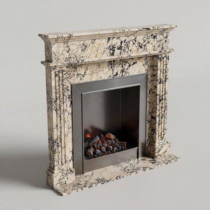Viola Arabescato fluted marble fireplace mantel with bookmatched overmantel