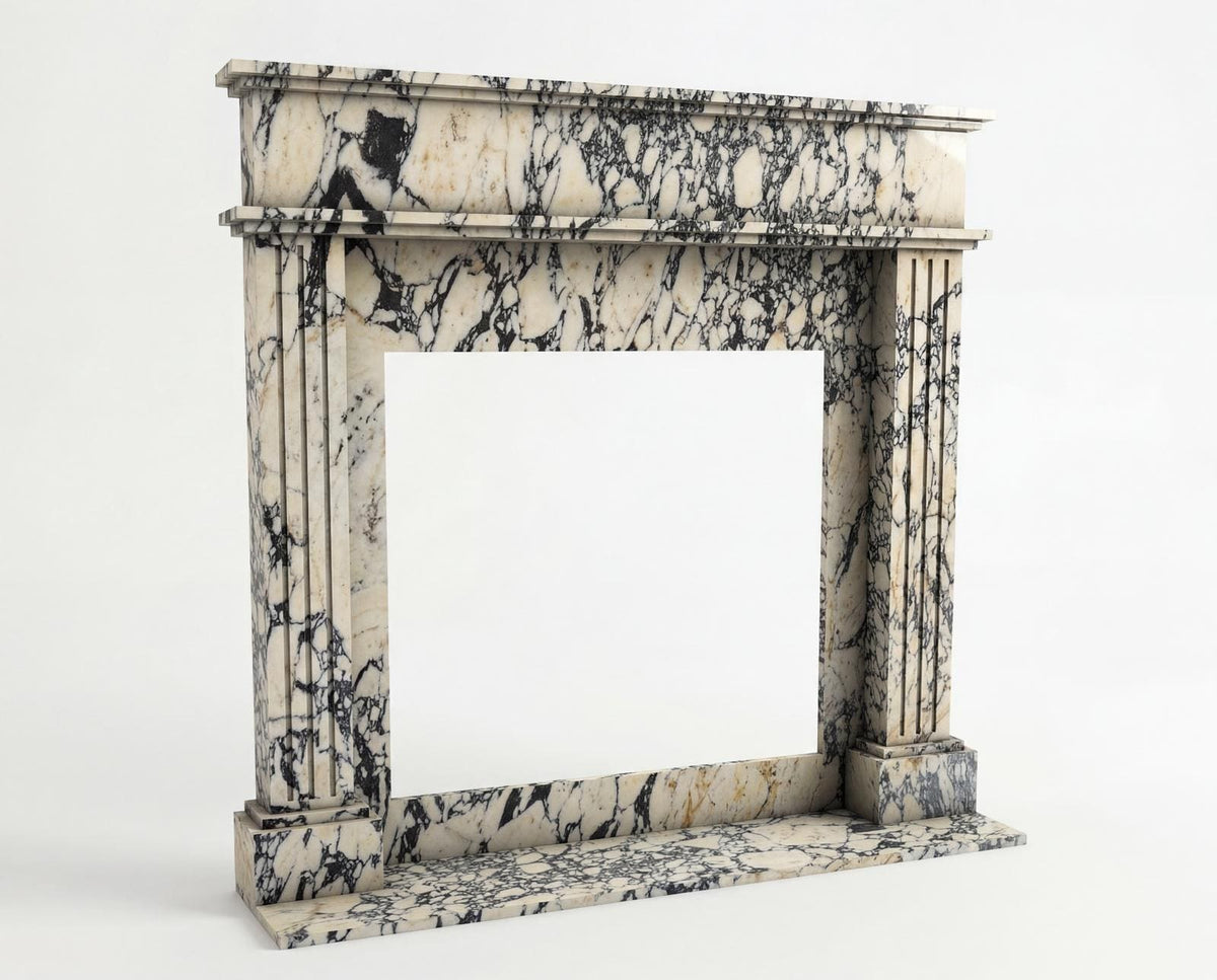 Viola Arabescato fluted marble fireplace mantel with bookmatched overmantel – view 2