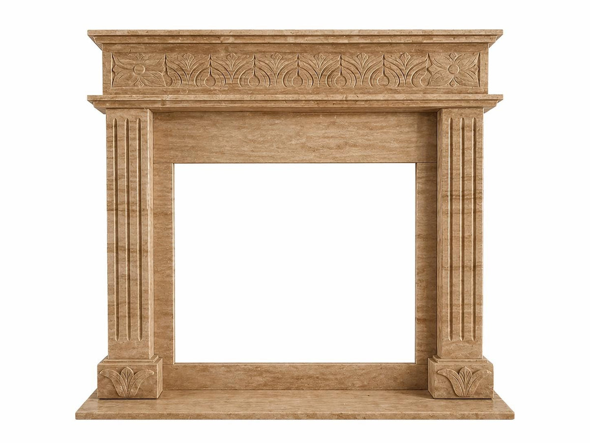 Honed travertine fireplace mantel with fluted pilasters – view 3