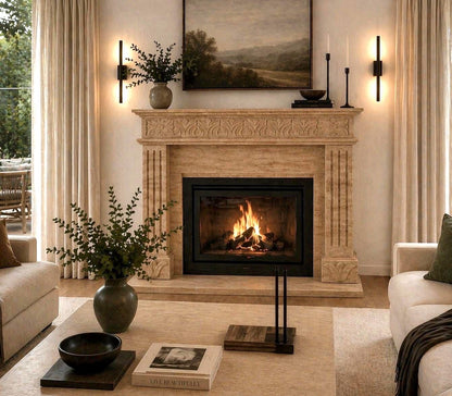 Honed travertine fireplace mantel with fluted pilasters