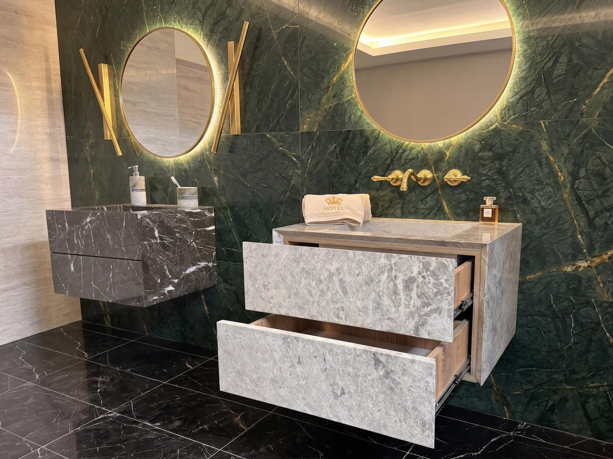 Gray marble floating bathroom vanity in powder room