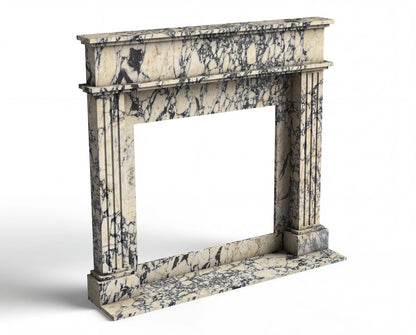 Viola Arabescato fluted marble fireplace mantel with bookmatched overmantel – view 3