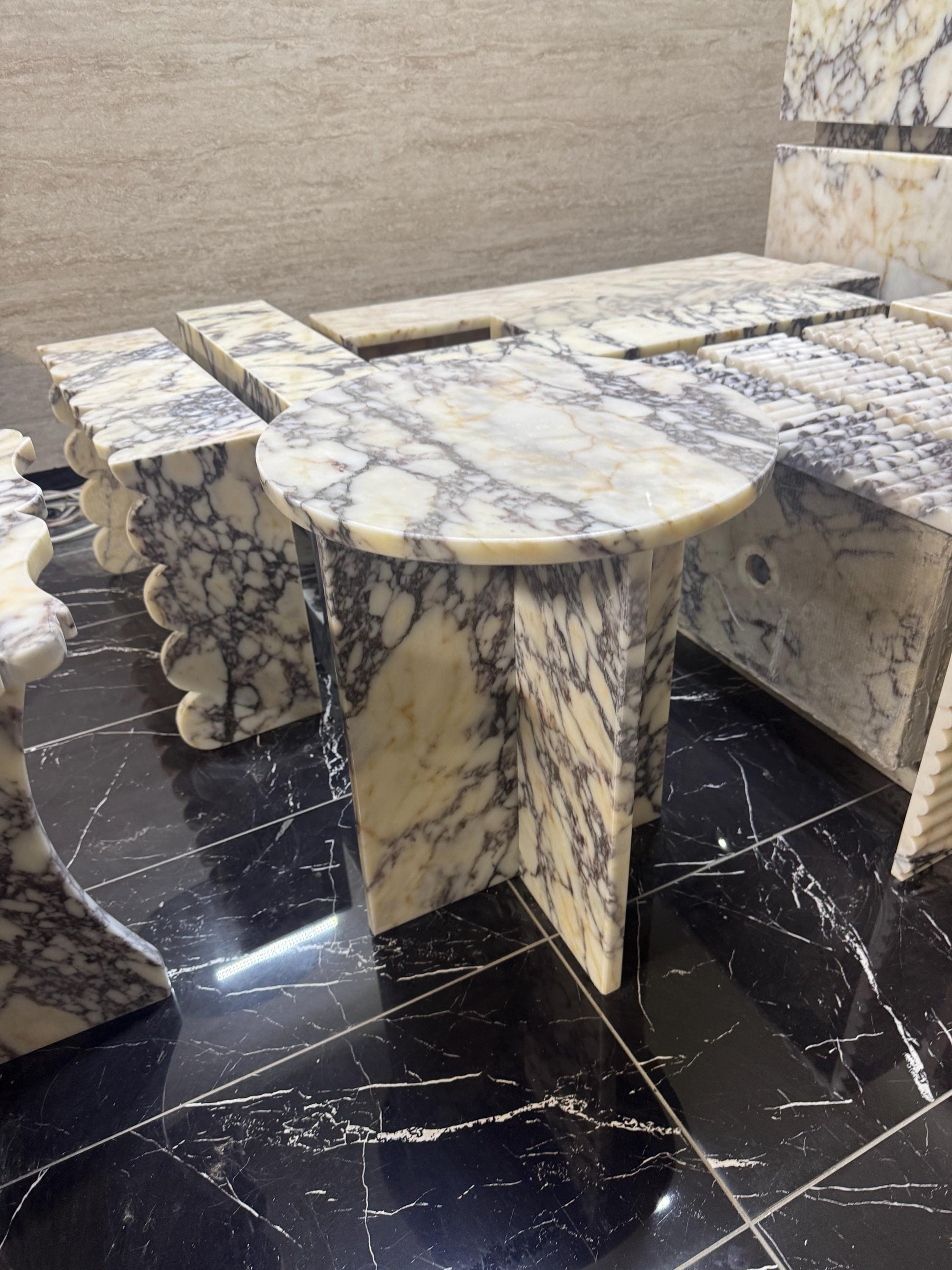 Round Calacatta Viola Marble Side Table, Luxury Accent End Table for Couch