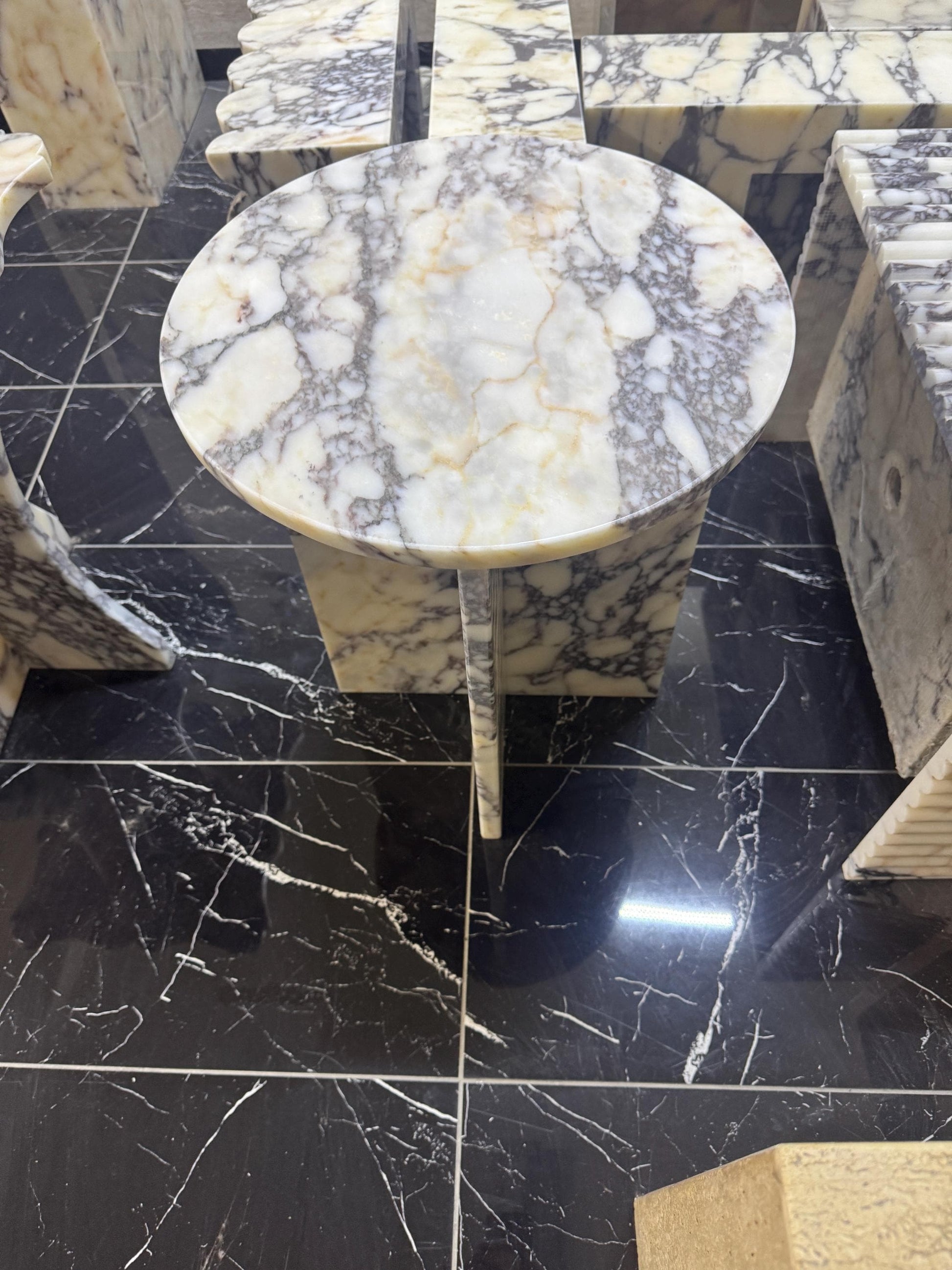 Round Calacatta Viola Marble Side Table, Luxury Accent End Table for Couch