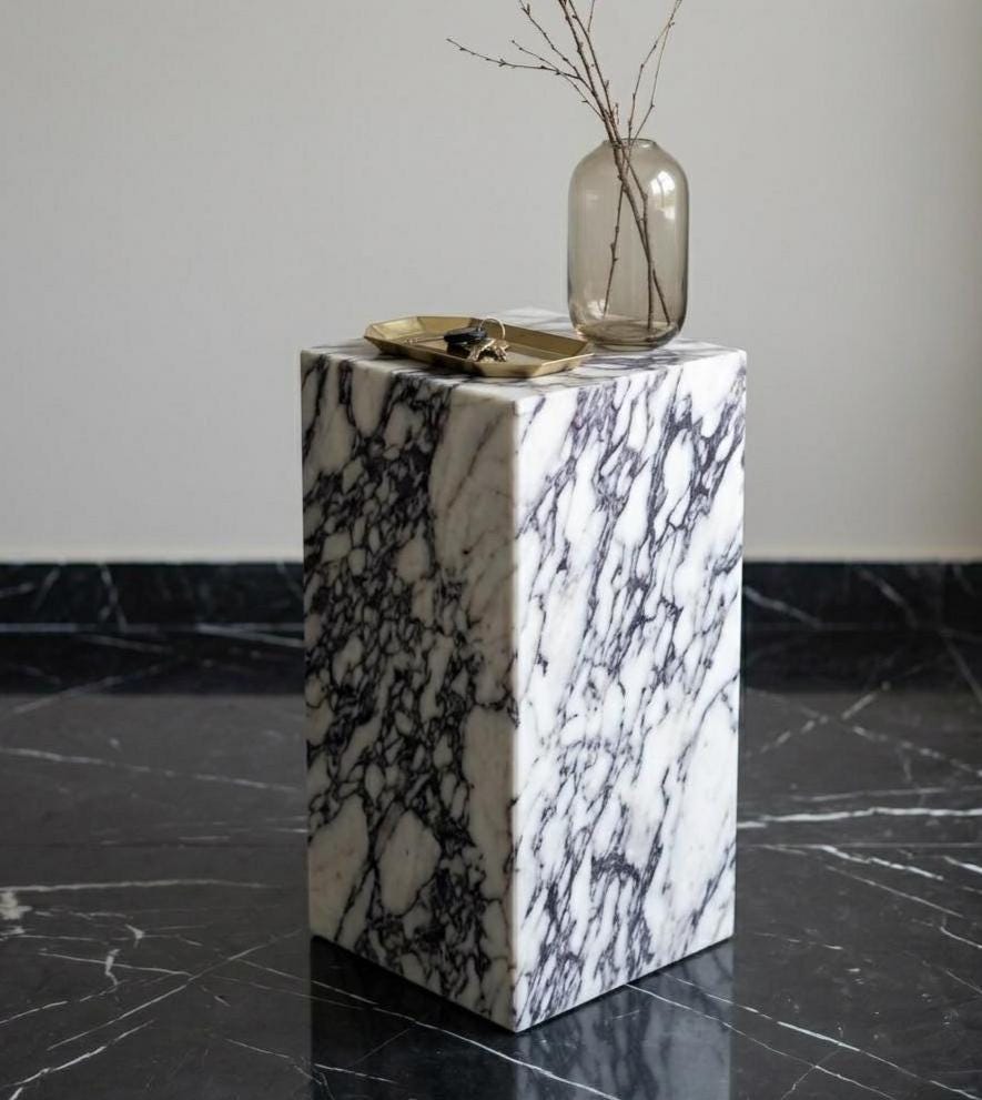 Calacatta Viola Marble Plinth Coffee Table and Matching Tall Side Table Set