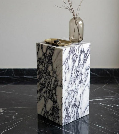 Calacatta Viola Marble Plinth Coffee Table and Matching Tall Side Table Set