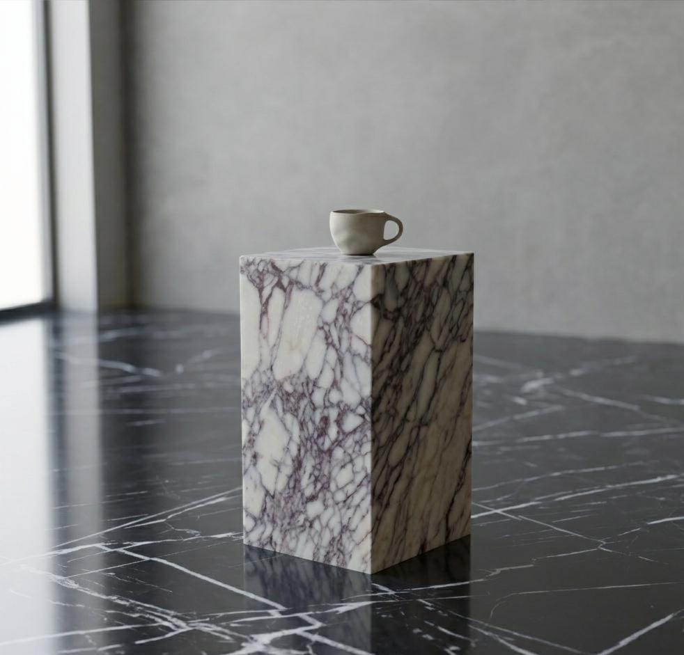 Calacatta Viola Marble Plinth Coffee Table and Matching Tall Side Table Set