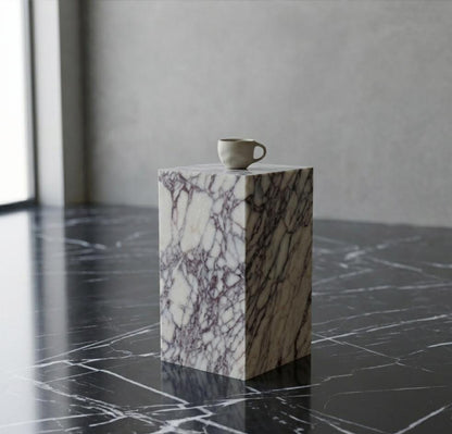 Calacatta Viola Marble Plinth Coffee Table and Matching Tall Side Table Set