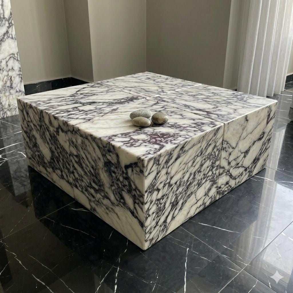 Calacatta Viola Marble Plinth Coffee Table and Matching Tall Side Table Set