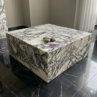 Calacatta Viola Marble Plinth Coffee Table and Matching Tall Side Table Set