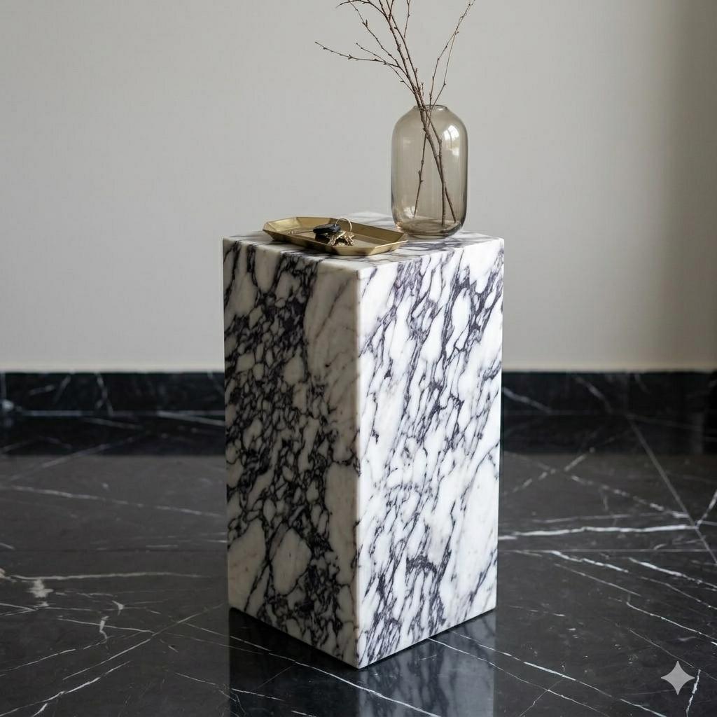 Calacatta Viola Marble Plinth Coffee Table and Matching Tall Side Table Set
