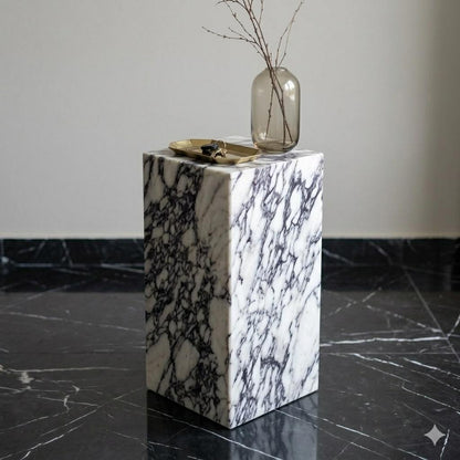 Calacatta Viola Marble Plinth Coffee Table and Matching Tall Side Table Set