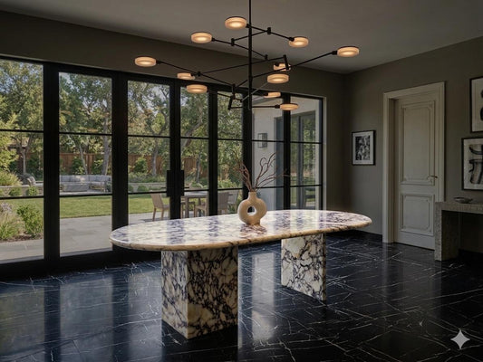 Calacatta Viola Marble Dining Table, Large Oval Stone Table with Double Pedestal Bases