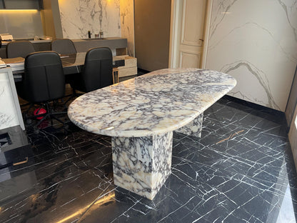 Calacatta Viola Marble Dining Table, Large Oval Stone Table with Double Pedestal Bases