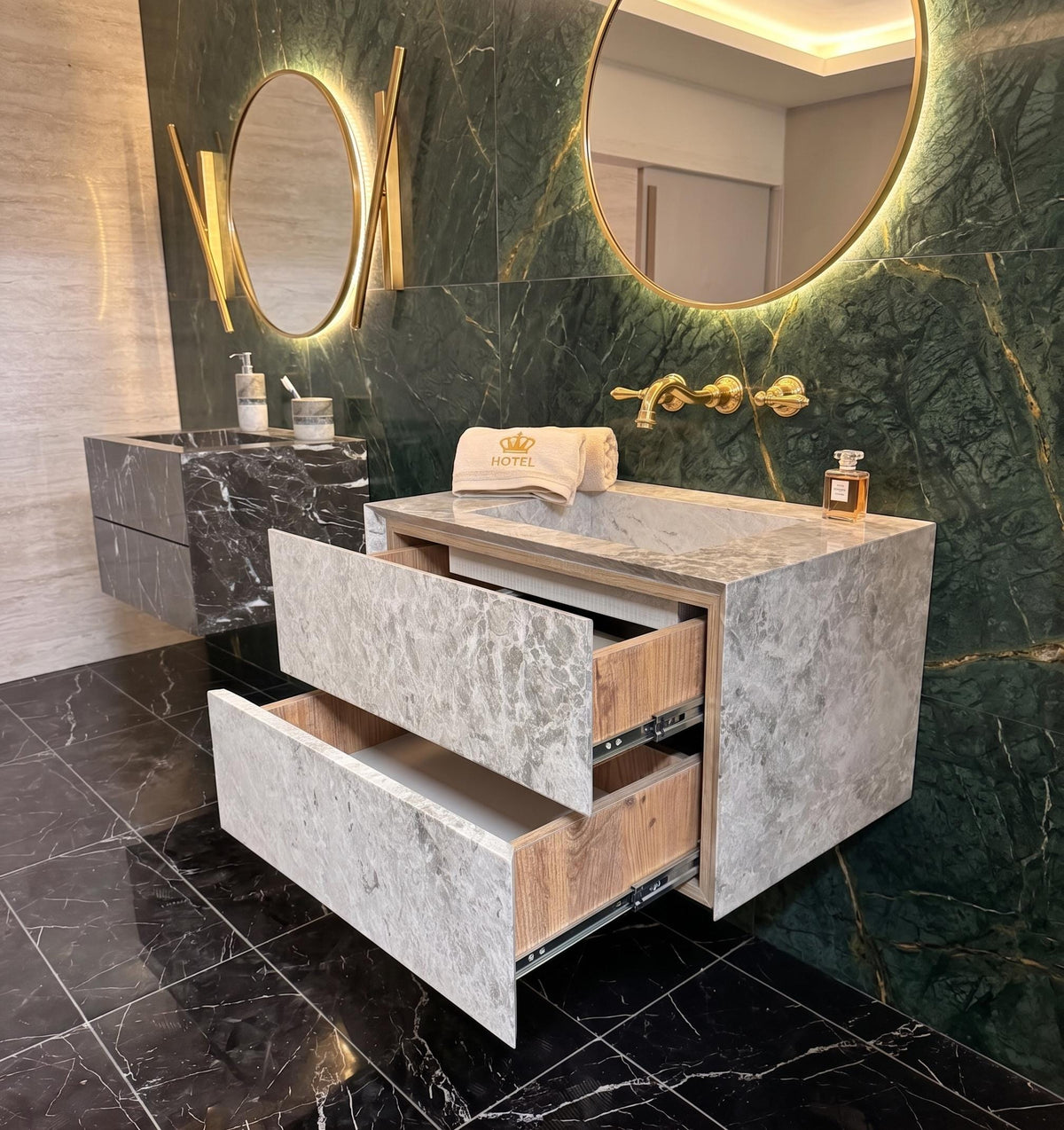 Tundra Gray marble single sink vanity detail