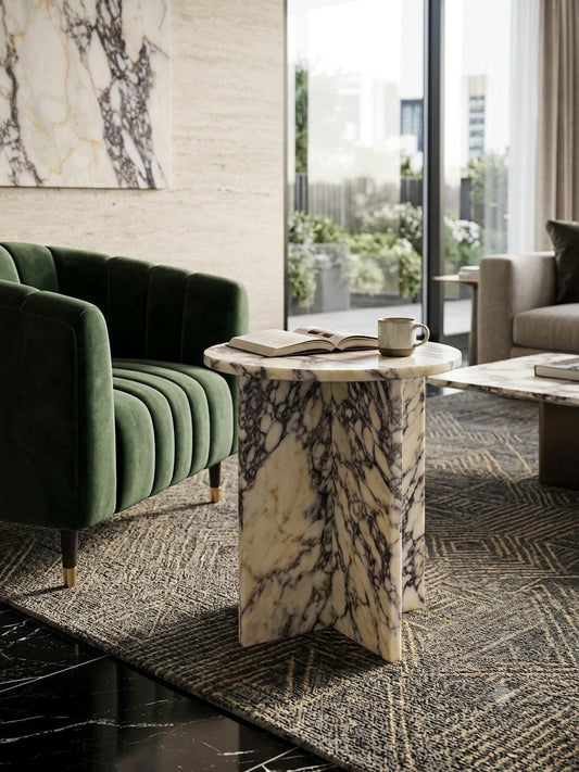 Round Calacatta Viola Marble Side Table, Luxury Accent End Table for Couch