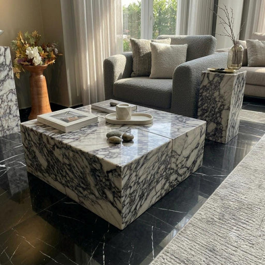 Calacatta Viola Marble Plinth Coffee Table and Matching Tall Side Table Set