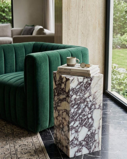 Calacatta Viola Marble Plinth Coffee Table and Matching Tall Side Table Set
