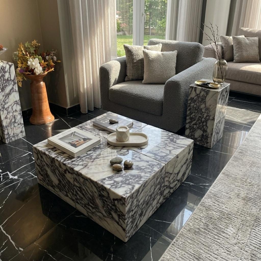 Calacatta Viola Marble Plinth Coffee Table and Matching Tall Side Table Set