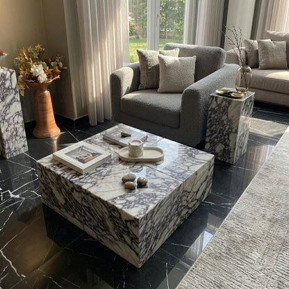 Calacatta Viola Marble Plinth Coffee Table and Matching Tall Side Table Set