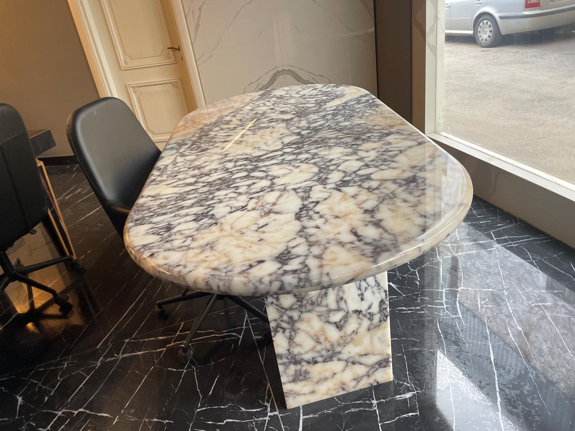 Calacatta Viola Marble Dining Table, Large Oval Stone Table with Double Pedestal Bases