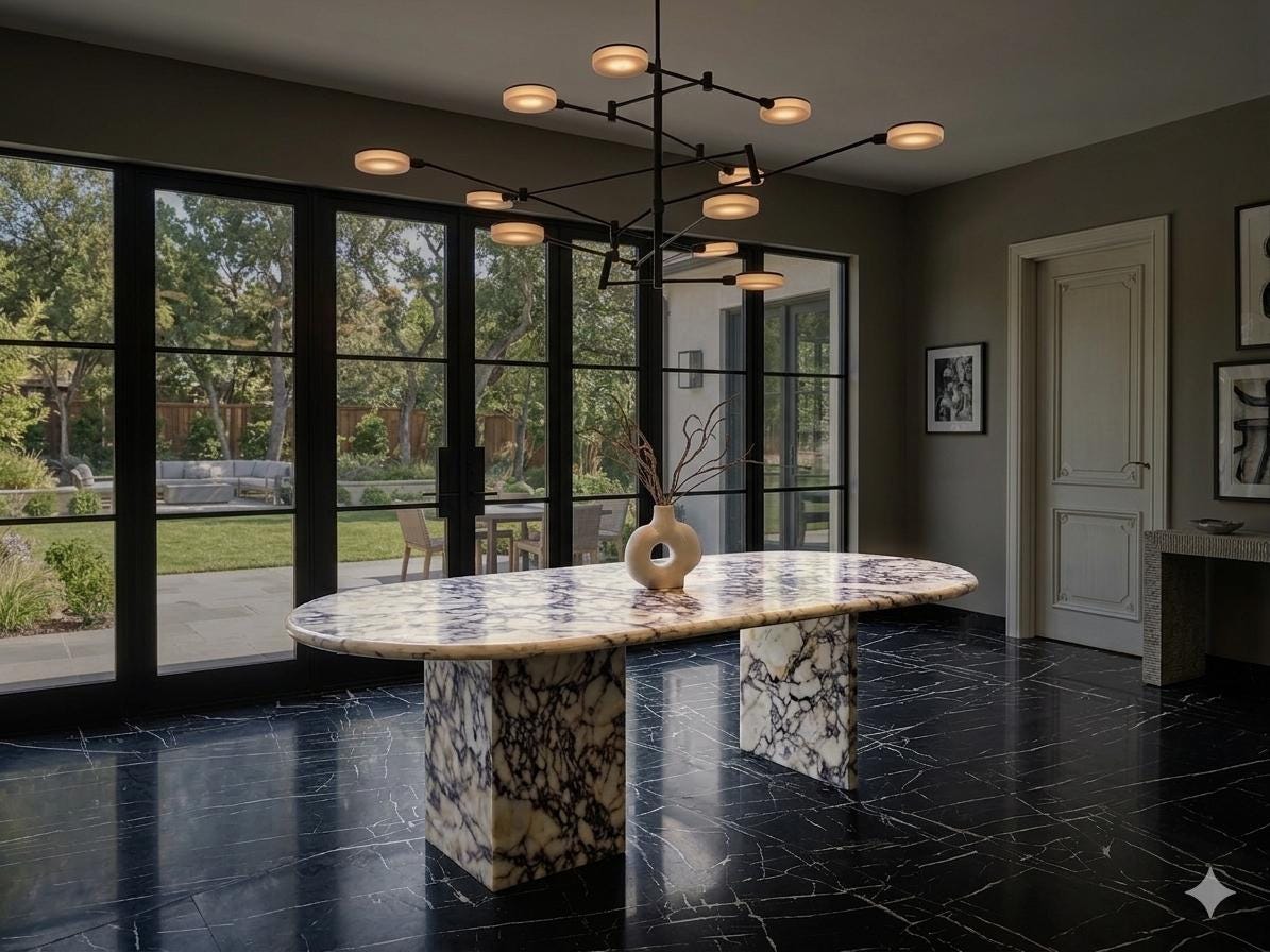 Calacatta Viola Marble Dining Table, Large Oval Stone Table with Double Pedestal Bases