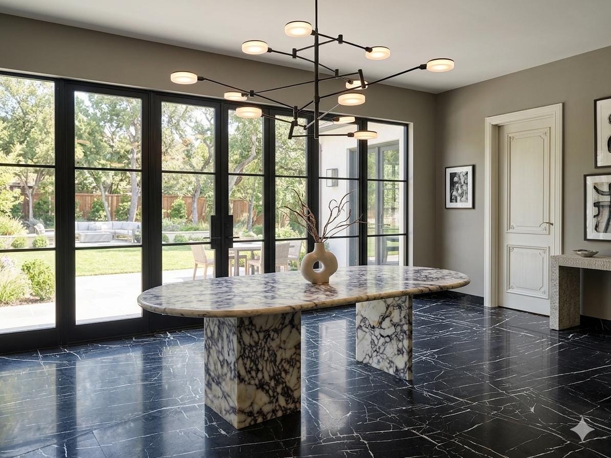 Calacatta Viola Marble Dining Table, Large Oval Stone Table with Double Pedestal Bases