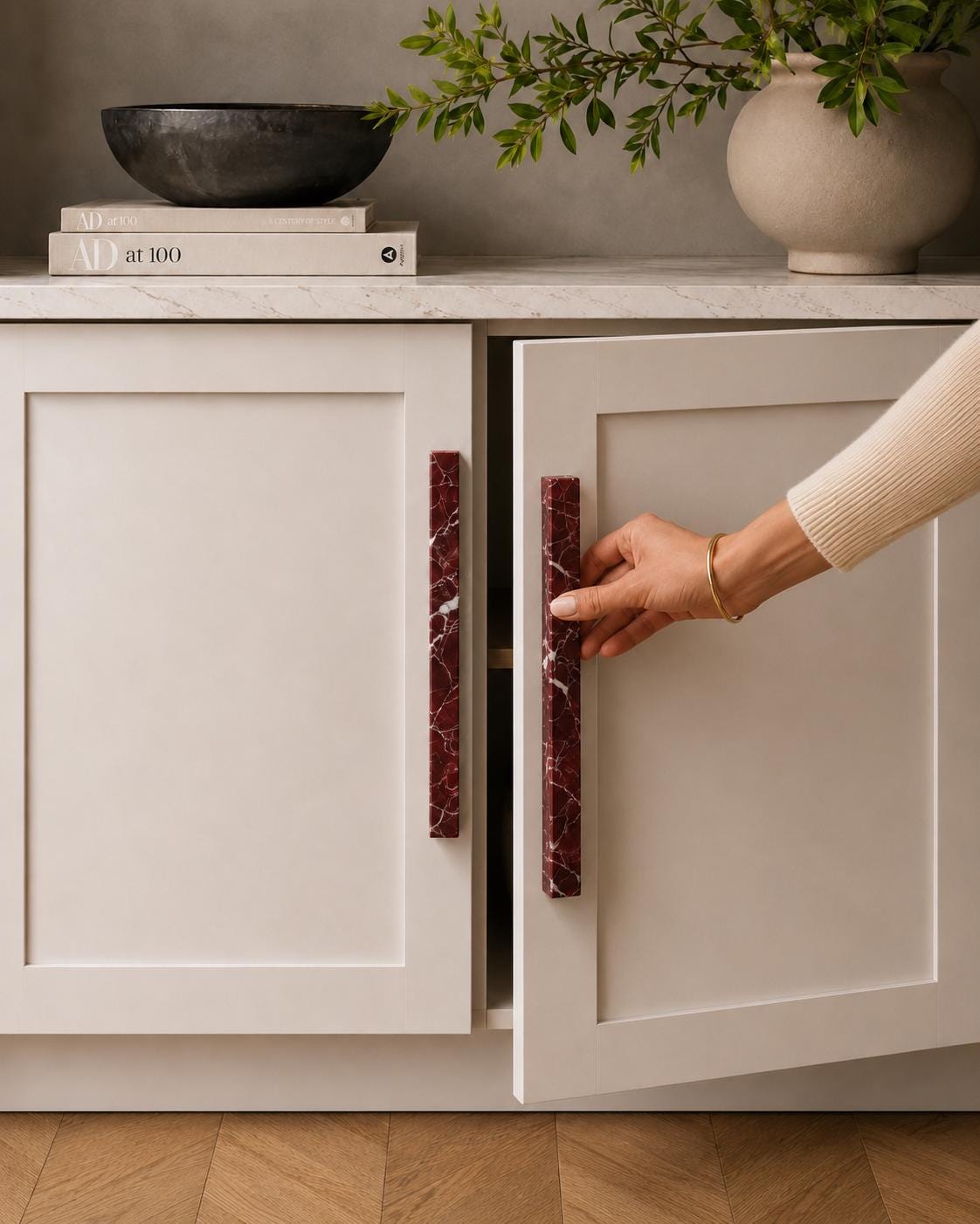 Long Rosso Levanto Marble Cabinet Pulls — Genuine Stone Bar Handles for Kitchen & Bathroom
