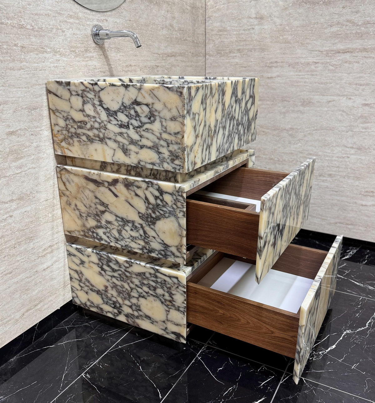Calacatta Viola Marble Vanity Sink with Drawers, Custom Powder Room Console