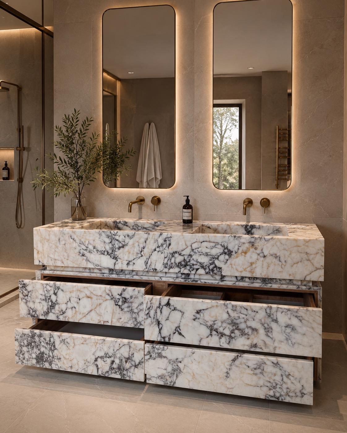 Long Marble Vanity with Double Sink | Calacatta Monet Bathroom Vanity