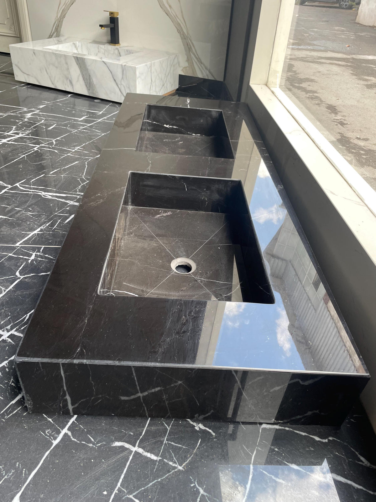 Nero Marble Double Sink Vanity | Wall Hung Floating Bathroom Basin