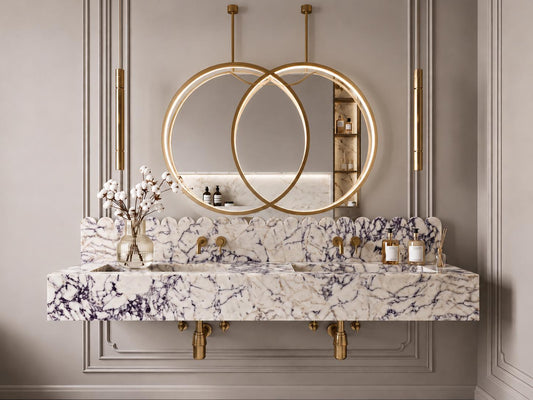 Custom Calacatta Viola Double Basin Vanity, Wall Mounted Sink with Scalloped Backsplash