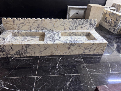 Custom Calacatta Viola Double Basin Vanity, Wall Mounted Sink with Scalloped Backsplash