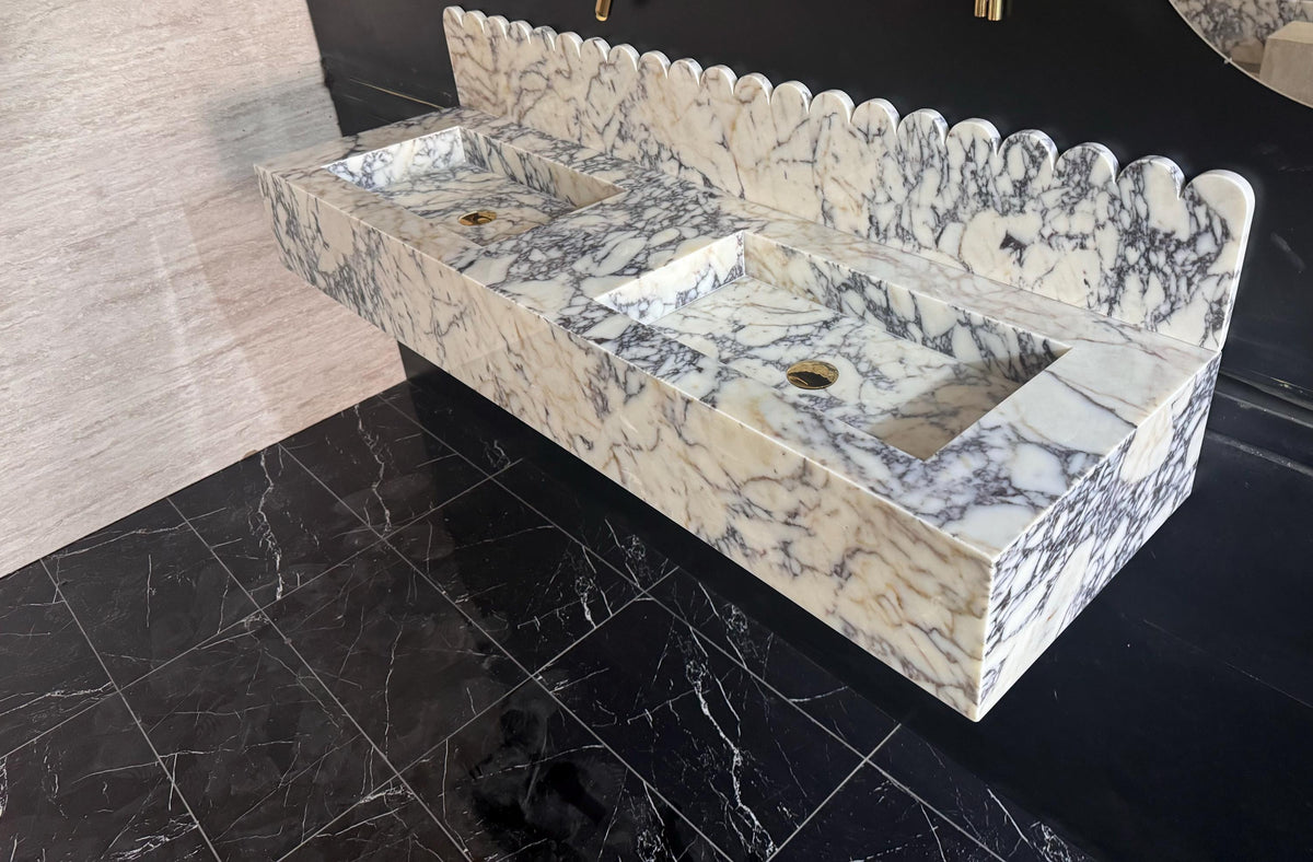 Custom Calacatta Viola Double Basin Vanity, Wall Mounted Sink with Scalloped Backsplash